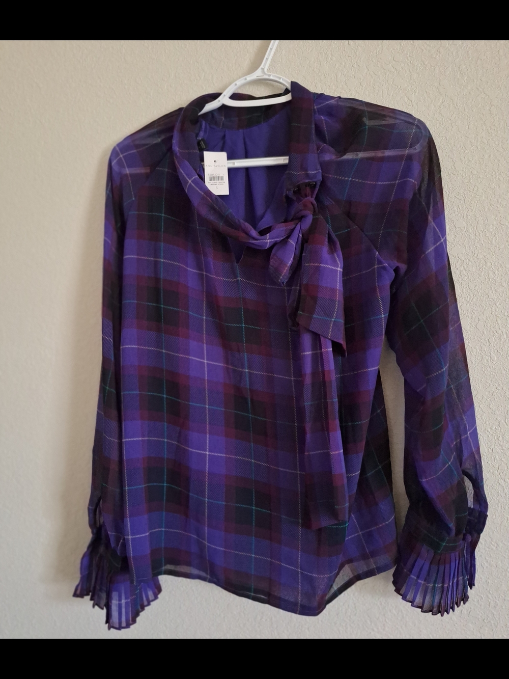 Ann Taylor Purple Plaid Tie-Neck Blouse